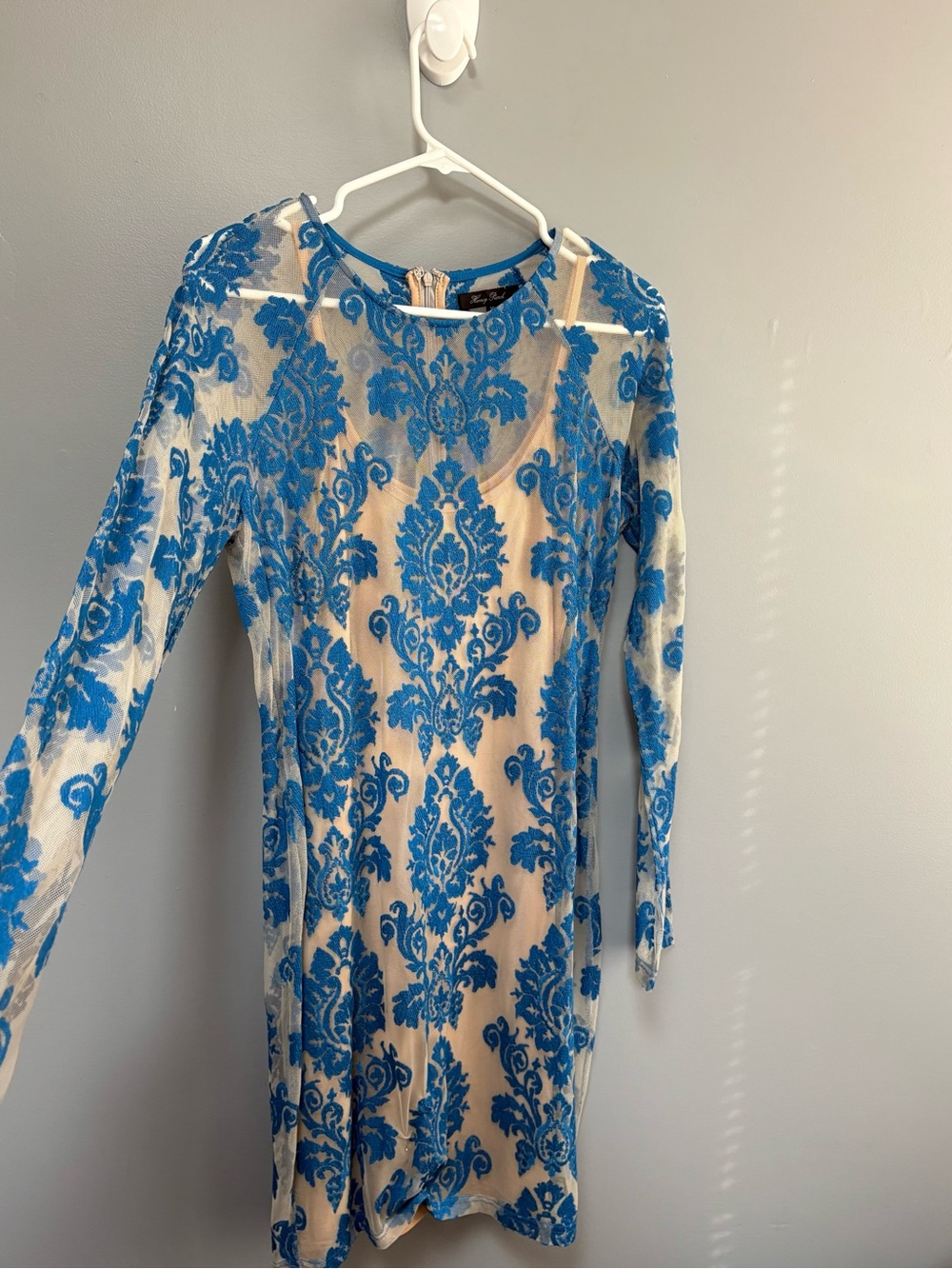 Honey Punch Boutique Blue Damask Long Sleeve Sheer Embroidered Dress Size M